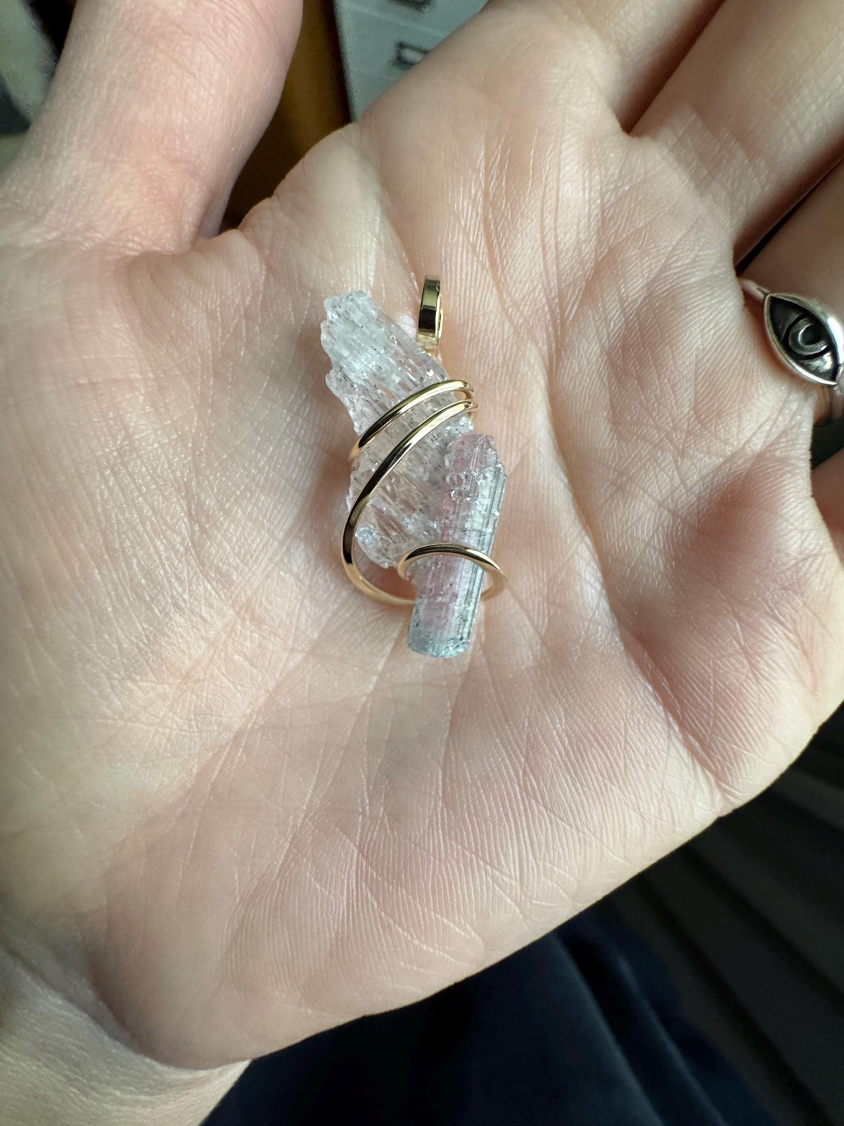 Tourmaline in kunzite in 14k gold pendant