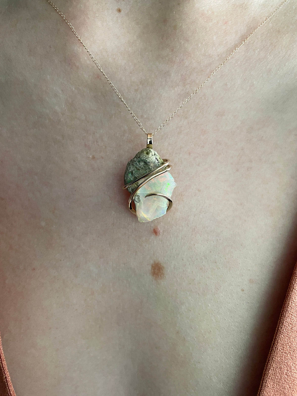 Opal in forged 14k gold pendant