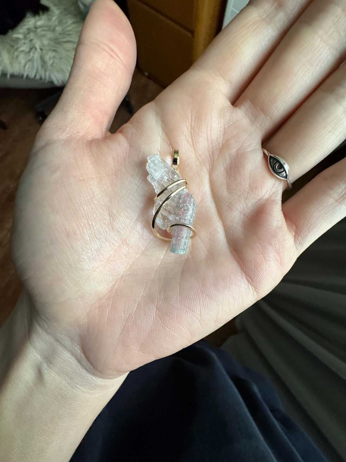 Tourmaline in kunzite in 14k gold pendant