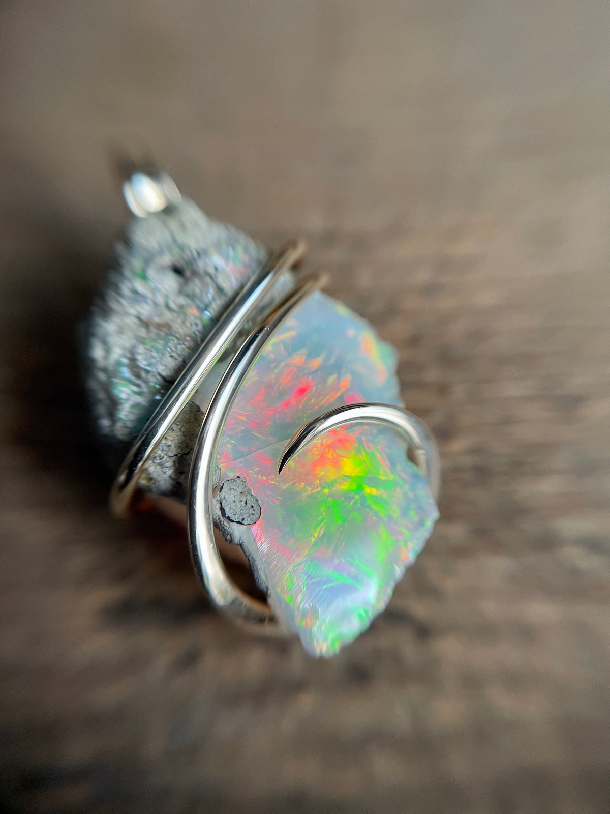 Opal in forged 14k gold pendant