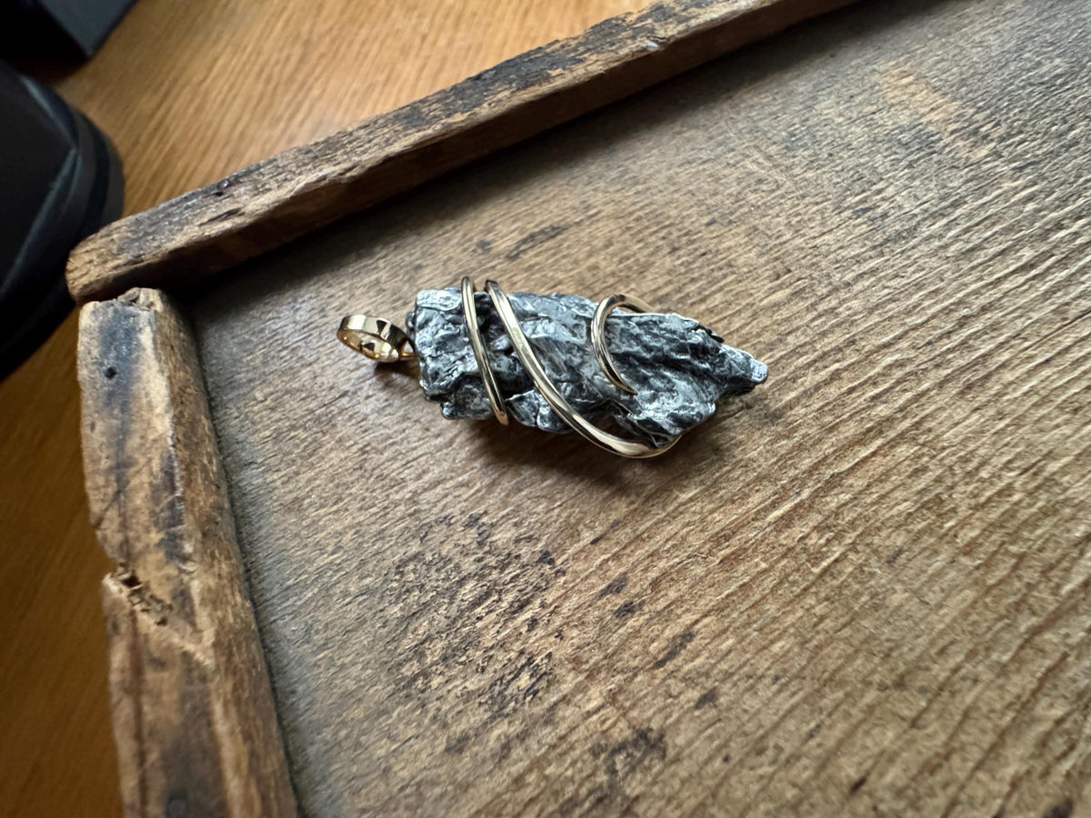 Meteorite in forged 14k gold pendant
