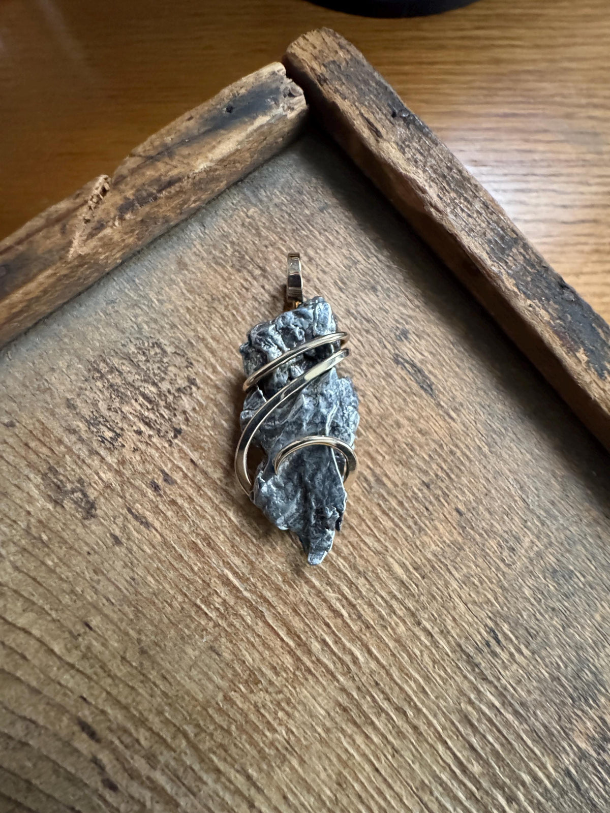 Meteorite in forged 14k gold pendant