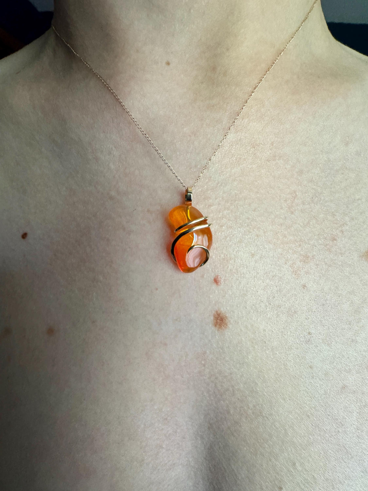 Mexican fire opal in 14k gold pendant
