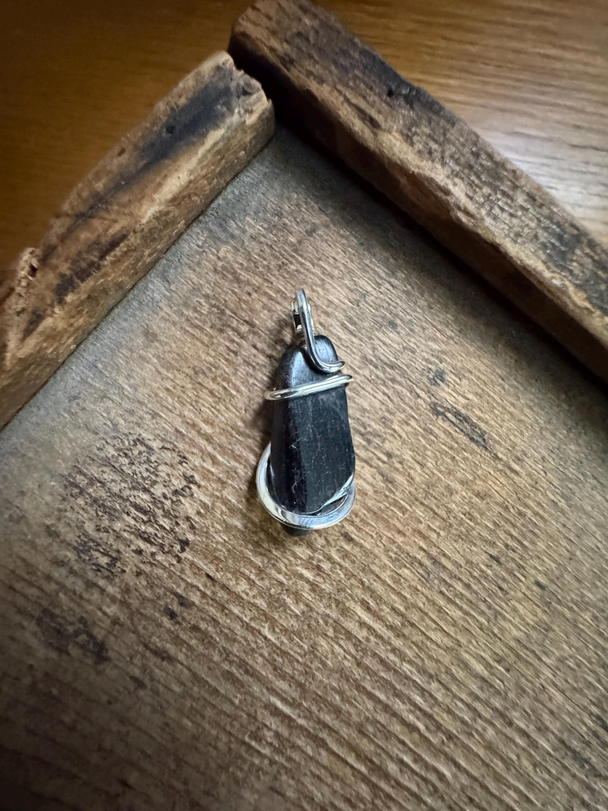 Hypersthene in forged sterling silver pendant