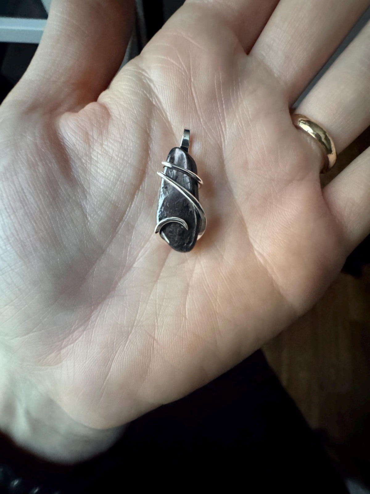 Hypersthene in forged sterling silver pendant