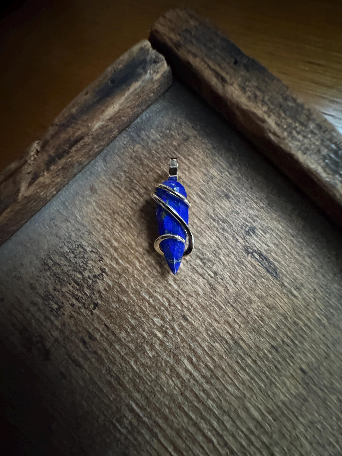Lapis in forged 14k gold pendant