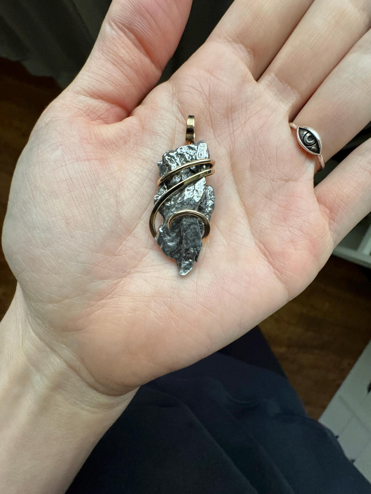 Meteorite in forged 14k gold pendant