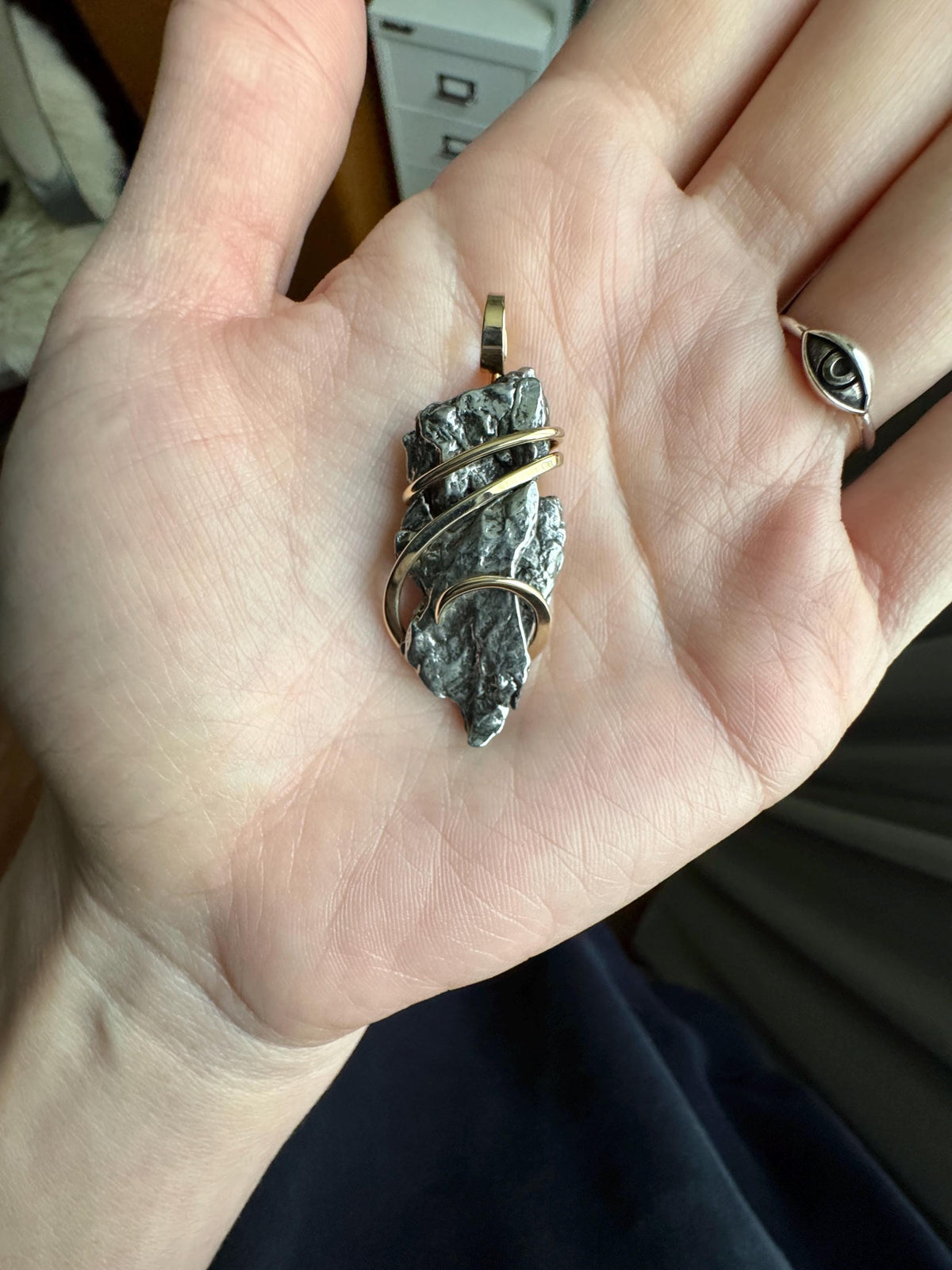 Meteorite in forged 14k gold pendant