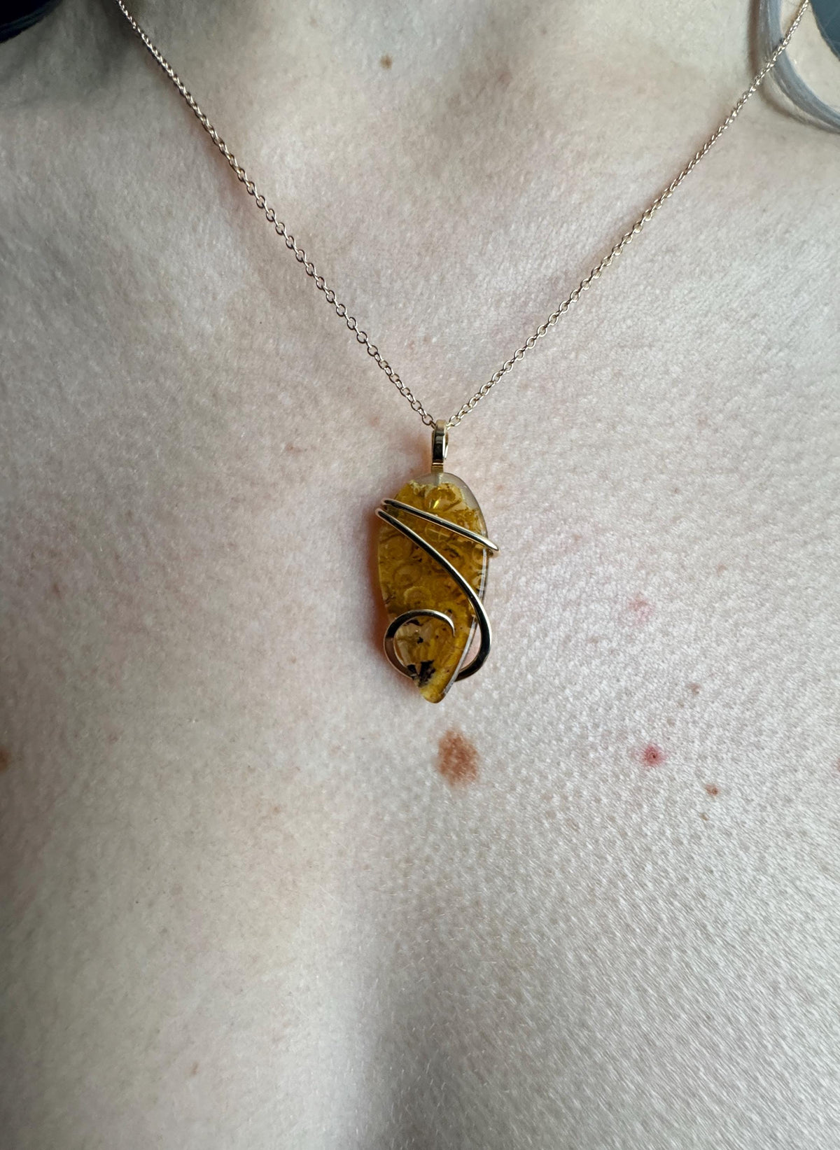Fern fossil in 14k gold pendant