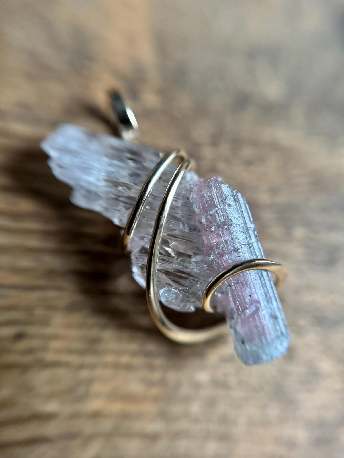 Tourmaline in kunzite in 14k gold pendant