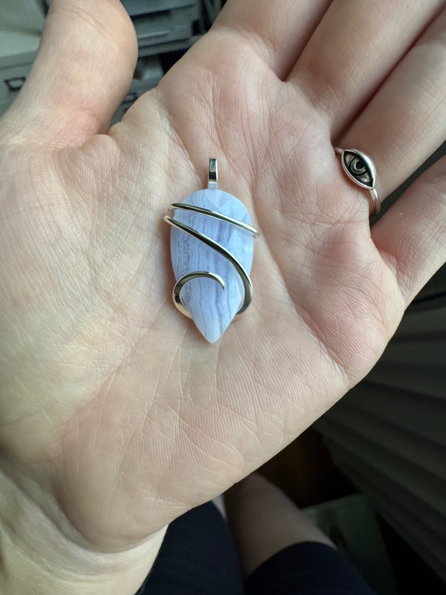 Faceted blue lace agate in sterling silver pendant
