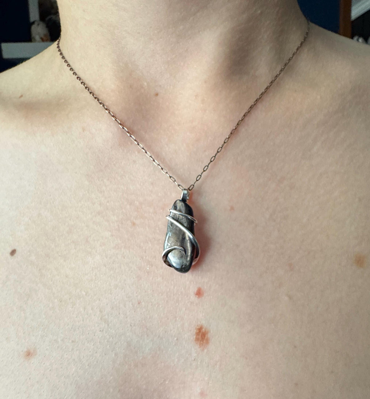 Hypersthene in forged sterling silver pendant