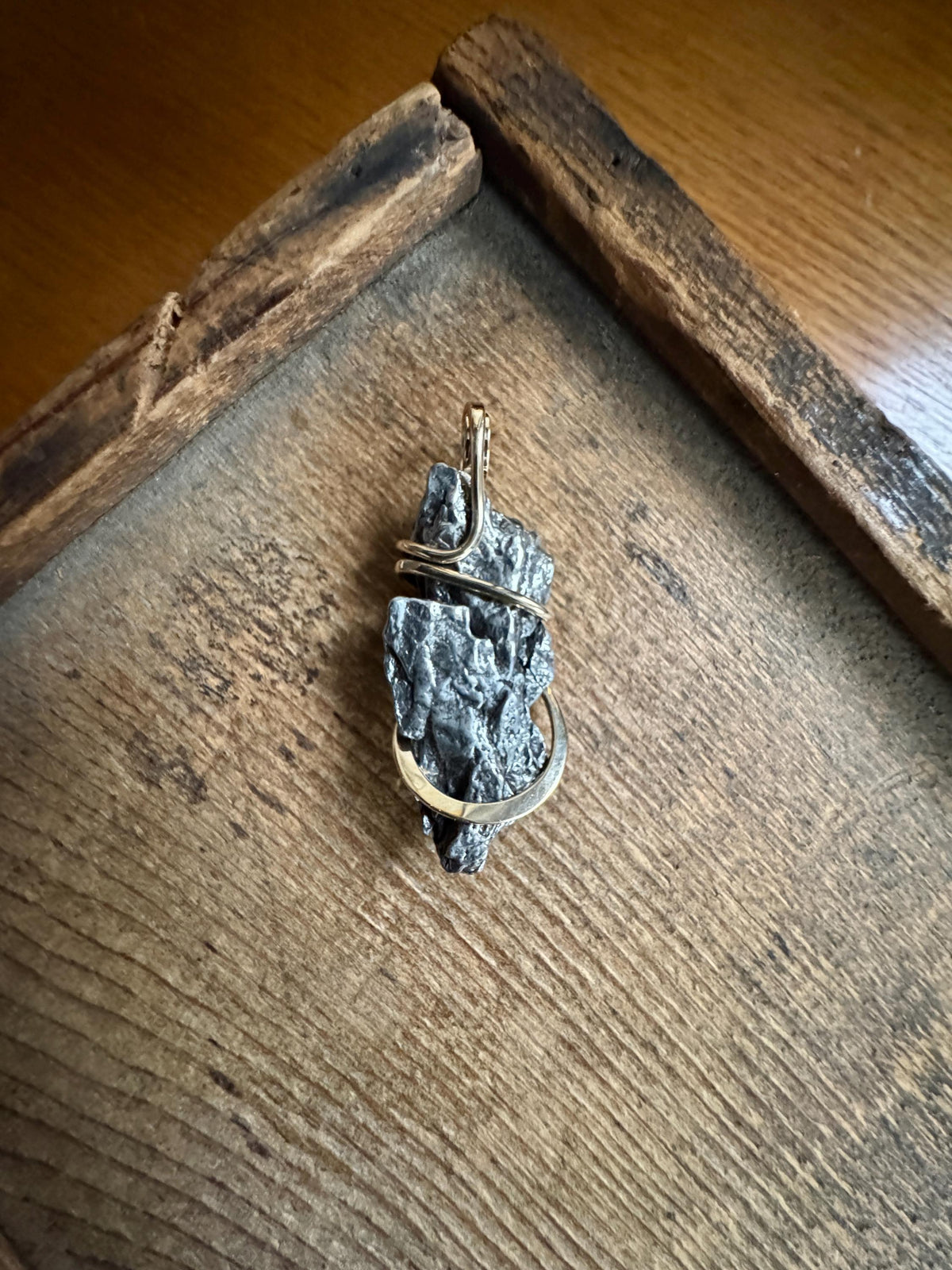 Meteorite in forged 14k gold pendant