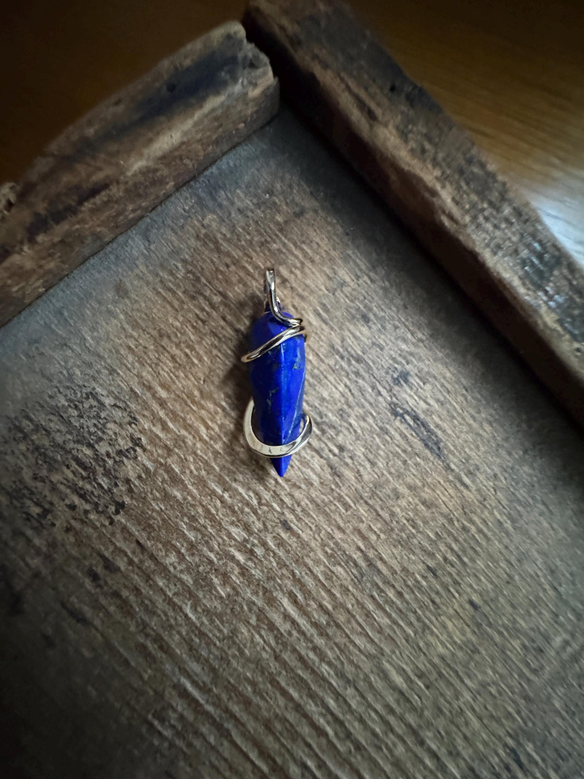 Lapis in forged 14k gold pendant