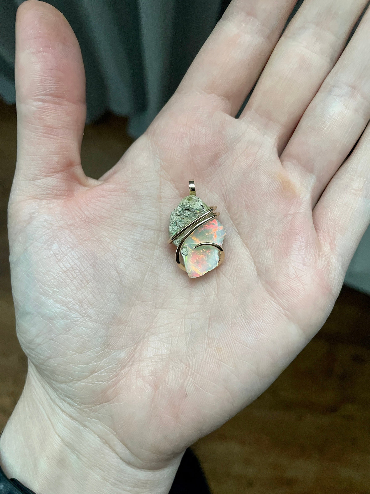 Opal in forged 14k gold pendant