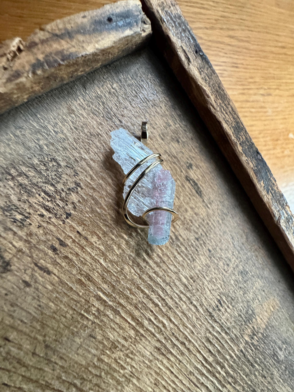 Tourmaline in kunzite in 14k gold pendant