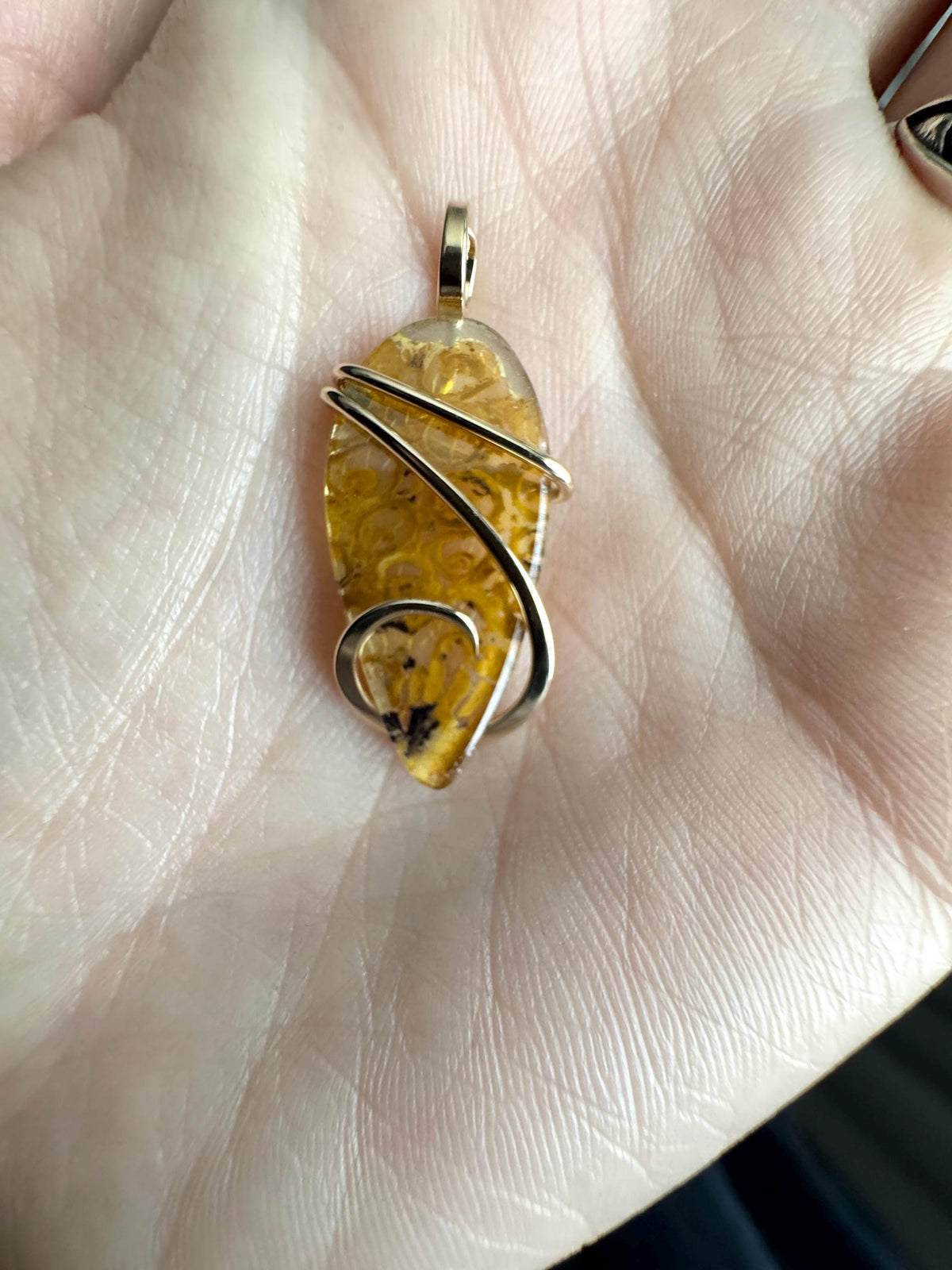 Fern fossil in 14k gold pendant