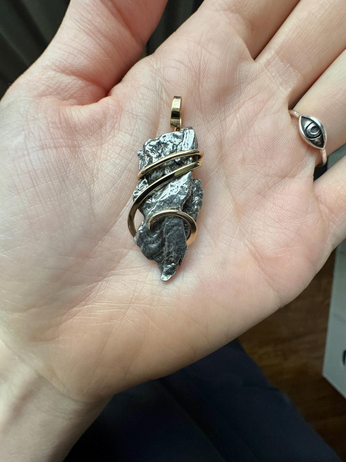 Meteorite in forged 14k gold pendant